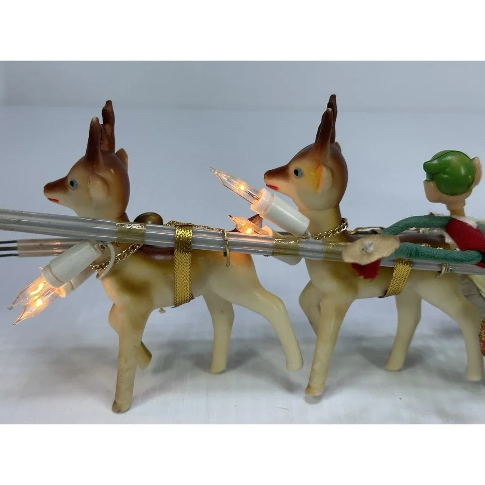 Vintage Christmas Santa Clause Pixie Elves Reindeers Sleigh Electric 1960s